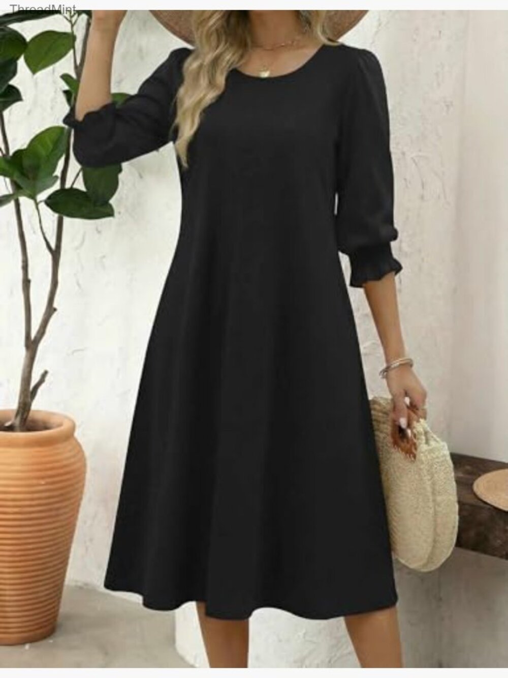 3/4 Sleeve Floral Midi Dress with Pockets Casual Women's Dress - Picture 3 of 7